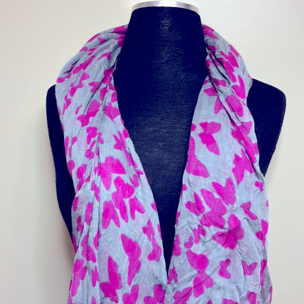 NWOT pink and+grey butterfly scarf!  Long enough to wear many ways! - Picture 2 of 3